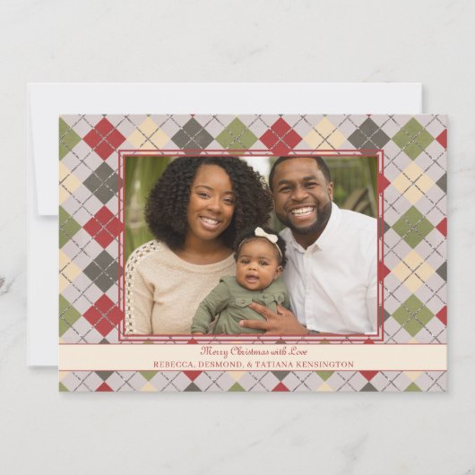 赤素朴クリスマスアーガイルティンセルホリデイ写真 シーズンカード (正面)