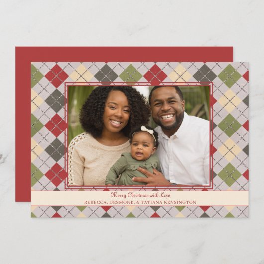 赤素朴クリスマスアーガイルティンセルホリデイ写真 シーズンカード (正面/裏面)