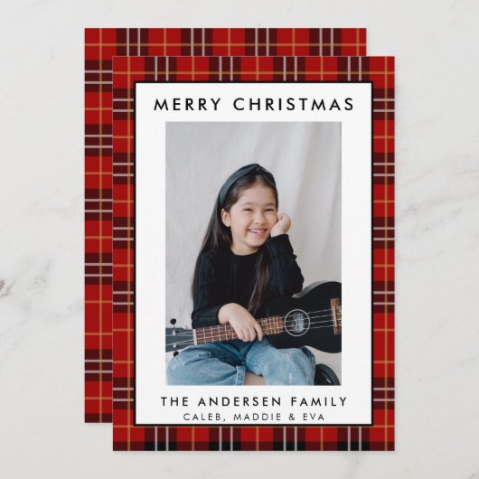 赤素朴タータンチェックプレイドメリークリスマスフォトカード (正面/裏面)