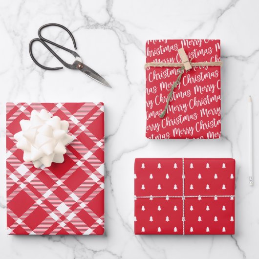 赤素朴タータンチェックプレイドメリークリスマス ラッピングペーパーシート (正面)