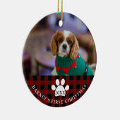 赤素朴チェック犬の初めてのクリスマス写真 セラミックオーナメント (右)