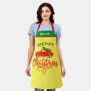 赤素朴トラックのクリスマスツリー名パーソナライズされた前 エプロン