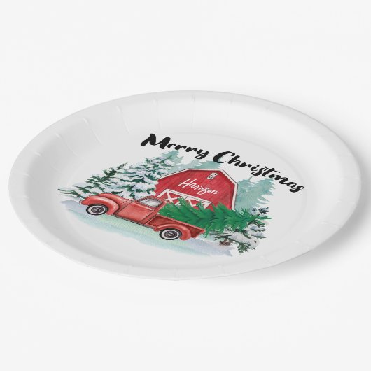 赤素朴トラックのクリスマスツリー白パーソナライズされた色 ペーパープレート (アングル)