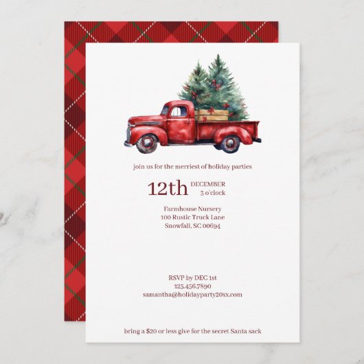 赤素朴トラック付きクリスマスファームハウスフランネル シーズンカード (正面/裏面)