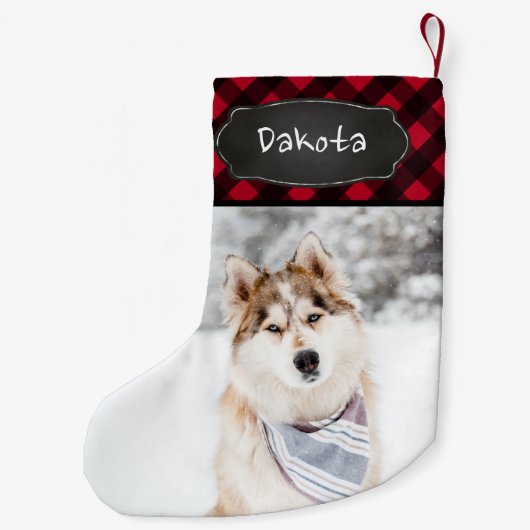 赤素朴バッファローのプパーソナライズされたライド写真 スモールクリスマスストッキング (裏面)