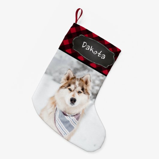 赤素朴バッファローのプパーソナライズされたライド写真 スモールクリスマスストッキング (正面 (吊り時))
