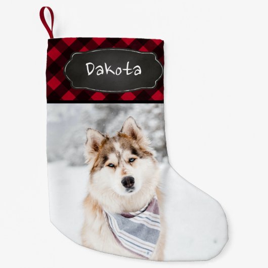 赤素朴バッファローのプパーソナライズされたライド写真 スモールクリスマスストッキング (正面)