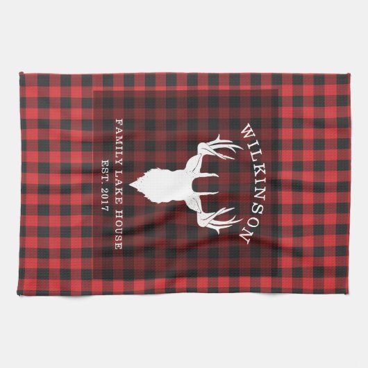 赤素朴バッファローファミリープレイドレイク キッチンタオル (横)