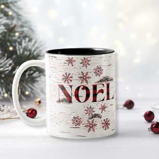 赤素朴バッファロープレイドスノーフレークホワイト樺の木 ツートーンマグカップ