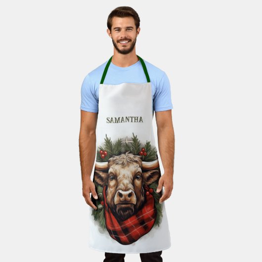 赤素朴バッファロープレイドファームハウス エプロン (着用した状態)