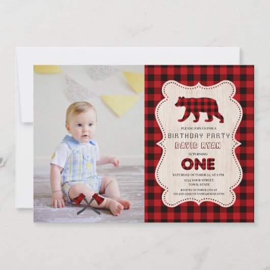 赤素朴バッファローランバージャック写真1ST誕生日 招待状 (正面)