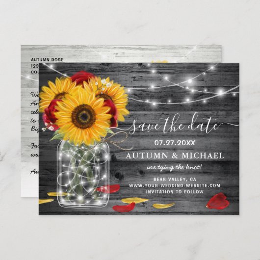 赤素朴バラひまわり結婚式の日付を保存 案内ポストカード (正面/裏面)