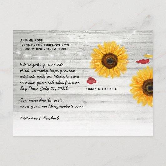 赤素朴バラひまわり結婚式の日付を保存 案内ポストカード (裏面)