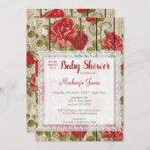 赤素朴バラ赤ちゃんシャワー招待状レースウッド 招待状 (正面/裏面)