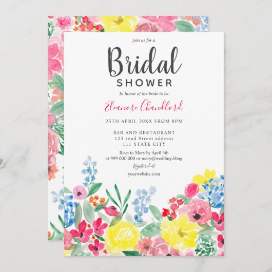赤素朴ピンクフローラ水彩ブライダルシャワー 招待状 (正面/裏面)