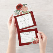 赤素朴ピンク&金ゴールドフローラディナー オールインワン招待状 (貼ってはがせる)