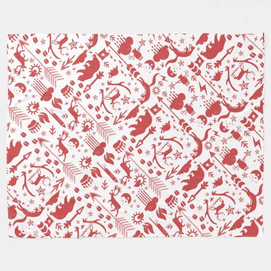 赤素朴フクロウ熊の鹿キツネウッドランドパターン フリースブランケット (正面(横))