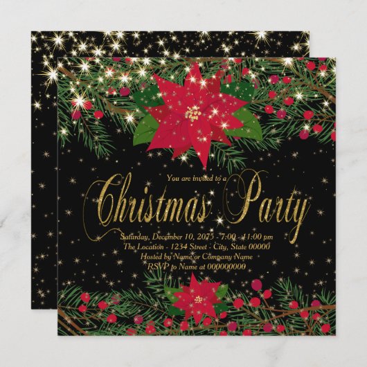 赤素朴ポインセチアパーティー 招待状 (正面/裏面)