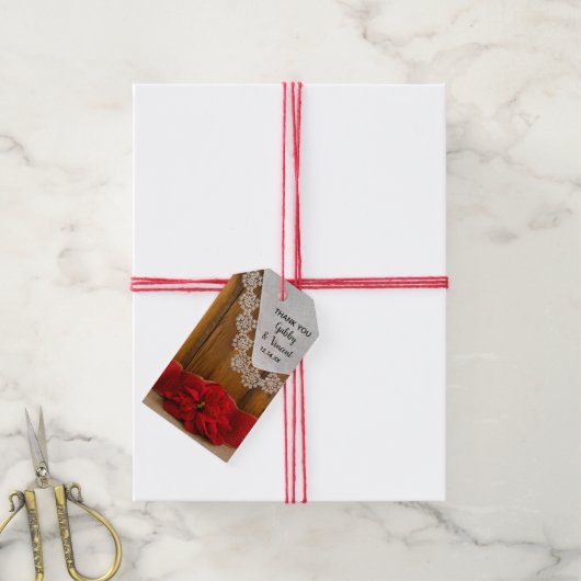 赤素朴ポインセチア冬の結婚式メッセージカード ギフトタグ (より糸付き)