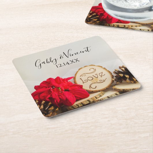 赤素朴ポインセチア冬の結婚式 スクエアペーパーコースター (アングル)
