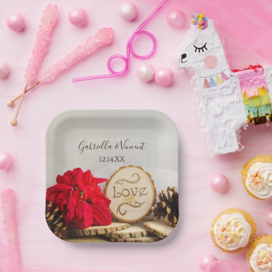 赤素朴ポインセチア冬の結婚式 ペーパープレート (パーティー)