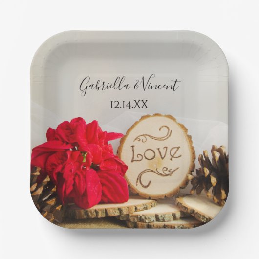 赤素朴ポインセチア冬の結婚式 ペーパープレート (正面)