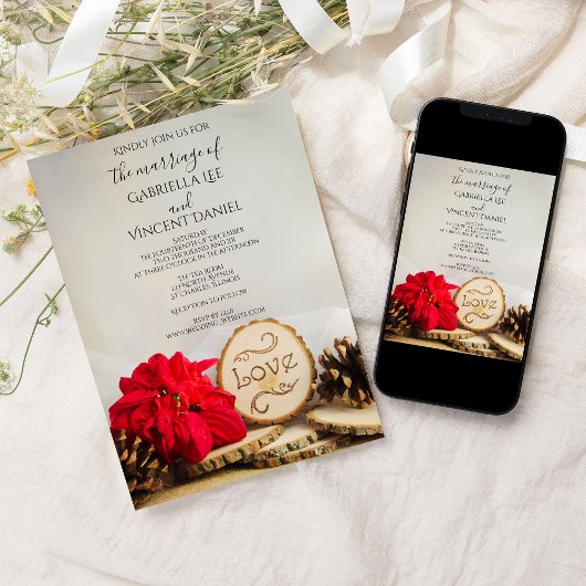 赤素朴ポインセチア冬の結婚式 招待状