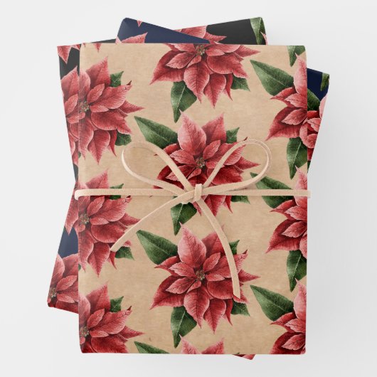 赤素朴ポインセチア花柄クリスマス ラッピングペーパーシート (インサイチュ)