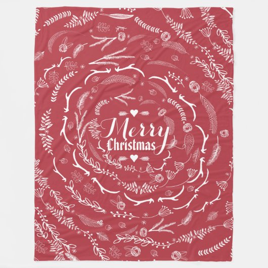 赤素朴メリークリスマスアントラー葉のパターン フリースブランケット (正面)