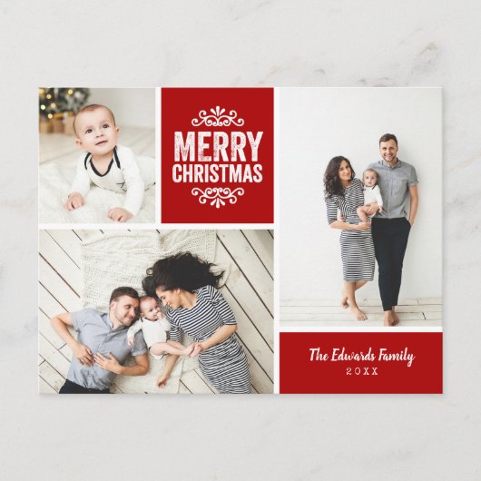 赤素朴メリークリスマス3写真コラージュ シーズンポストカード (正面)