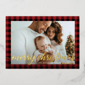 赤素朴モダン黒の格子模様の写真クリスマス 箔シーズンカード (正面)