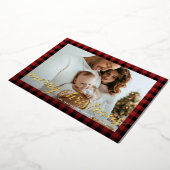 赤素朴モダン黒の格子模様の写真クリスマス 箔シーズンカード (回転した状態)