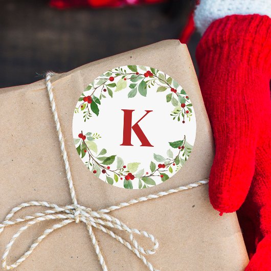 赤素朴モノグラムのホリー離れベリークリスマスクリスマス ラウンドシール