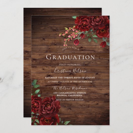 赤素朴ローズロマンチックフローラ卒業パーティー 招待状 (正面/裏面)