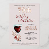 赤素朴ワイングラスバラ植物学70誕生日 箔招待状 (正面)