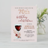 赤素朴ワイングラスバラ植物学70誕生日 箔招待状 (立ち正面)