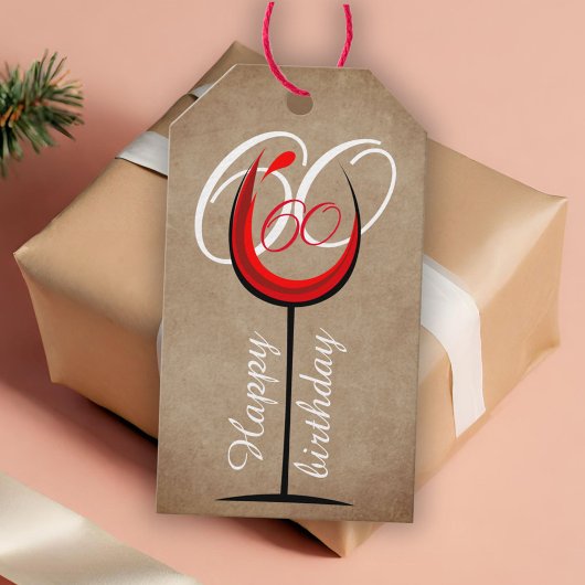 赤素朴ワイングラス台本60誕生日 ギフトタグ