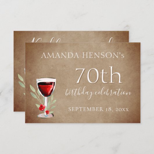 赤素朴ワイングラス70歳の誕生日パーティー 出欠カード (正面/裏面)
