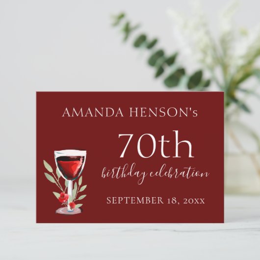 赤素朴ワイングラス70歳の誕生日パーティー 出欠カード (スタンド正面)