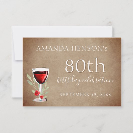 赤素朴ワイングラス80th誕生日パーティー 出欠カード (正面)