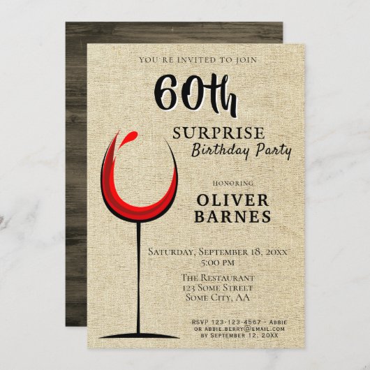 赤素朴ワインサプライズ60thバースデーパーティー 招待状 (正面/裏面)