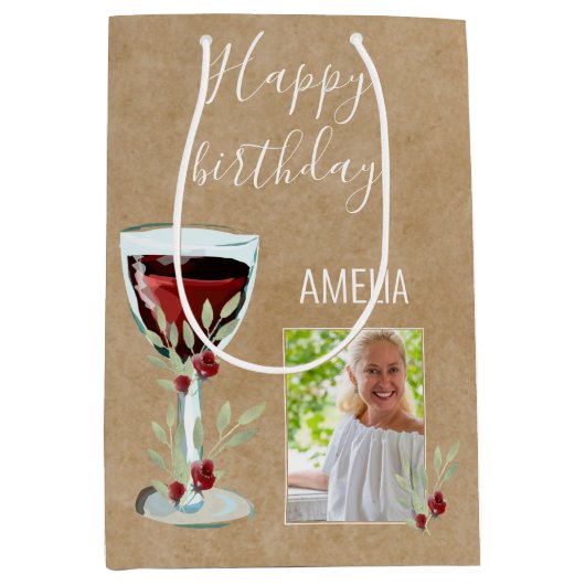 赤素朴ワインバラ水彩写真誕生日 ミディアムペーパーバッグ (正面)