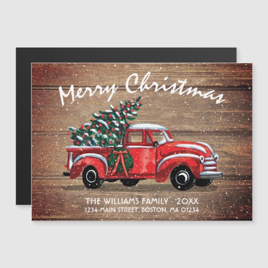 赤素朴ヴィンテージトラッククリスマス移動マグネット (正面/裏面)