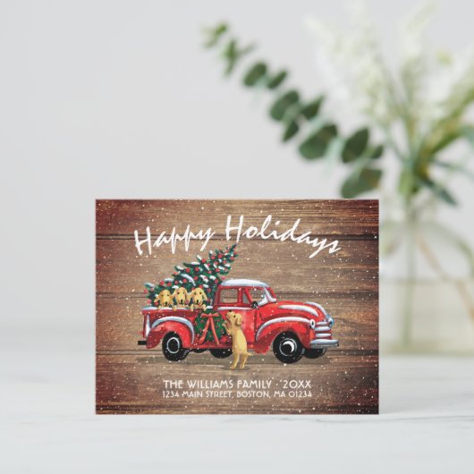 赤素朴ヴィンテージトラックドッグハッピーホリデームービング 案内ポストカード (スタンド正面)
