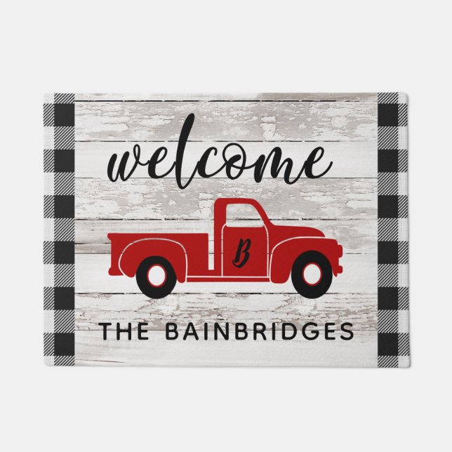 赤素朴ヴィンテージトラックバッファローチェックファミリ名 ドアマット (正面)