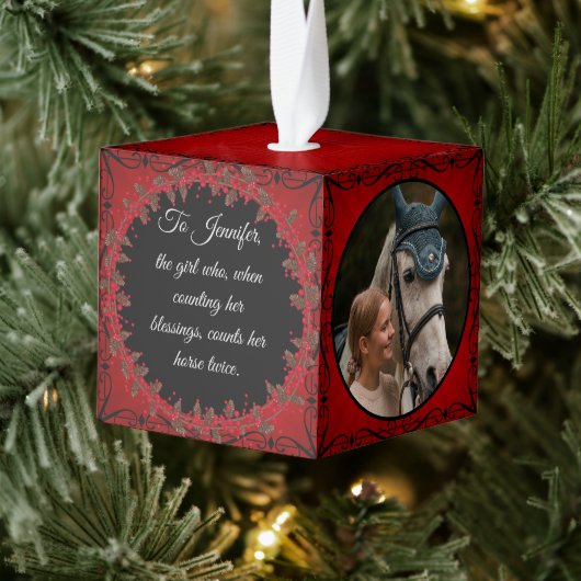 赤素朴伝統的馬PETウマ科の 3写真 キューブオーナメント (ツリー)