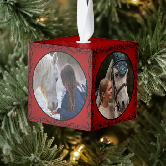 赤素朴伝統的馬PETウマ科の 4写真 キューブオーナメント (ツリー)
