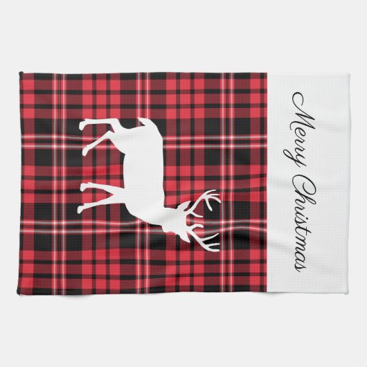 赤素朴格子縞のメリークリスマス キッチンタオル (横)