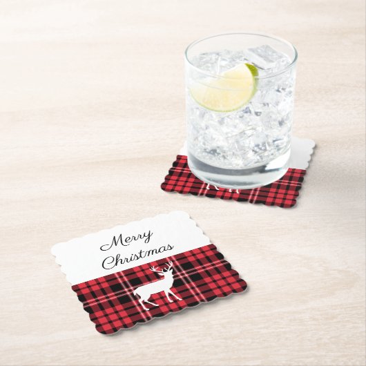 赤素朴格子縞のメリークリスマス ペーパーコースター (インサイチュ)