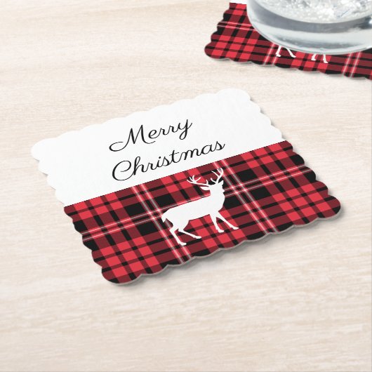赤素朴格子縞のメリークリスマス ペーパーコースター (アングル)